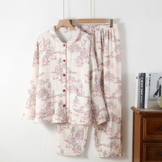 新款全棉加厚包邊四層紗布女士睡衣純棉秋冬季保暖長袖家居服套裝