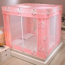 免組裝蚊帳 折疊方形蚊帳 學生宿舍蚊帳 三開門坐床式拉鏈蚊帳, 春花集（全底）+風扇桿,1.2米寬*2米長 升級加厚烤漆支架