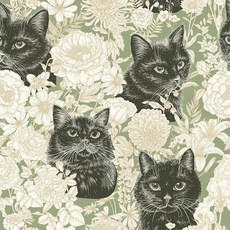 Livelynine Green Cat Wallpaper Peel and Stick Black White Sage Floral Animal Fun Cute Whimsical Co