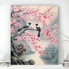 돈들어오는 보석십자수 액자 캔버스형 DIY 키트 풍경 동물 꽃식물 풍수 그림 선물용 객실 인테리어 거실 장식 수제 비즈 십자수 40x50cm, 1개, PK-05 매화꽃 까치