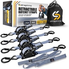 Strapinno 접이식 래칫 스트랩 2.5cm x 3m(1인치 10피트) 고무 코팅 스틸 손잡이가 있는 안전한 타이 다운 오토바이 제트스키 카약 파괴 강도 0.7kg, 그레이 스트랩, 블랙 코팅
