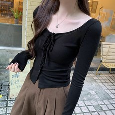 cammello 딥라운드넥 스트링 포인트 슬림핏 버튼 긴팔 티셔츠 딥라운드넥 긴팔티