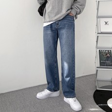 男款水洗半寬直筒四季牛仔褲牛仔褲 大尺碼