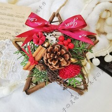 聖誕星型藤圈材料包, 1個, 紅色緞帶15cm(超取最多40個),藤圈+乾燥素材(不含暖燈串)