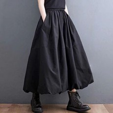 티류으스 여성 빅사이즈 플레어 롱 스커트 블랙 벌룬 스커트 포켓 밴딩
