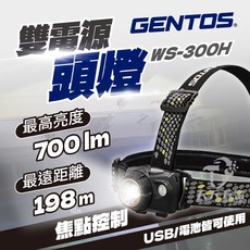 GENTOS WS-300H W-Star專業高亮度頭燈 USB充電 700流明 IP64防水 登山頭燈, 1個