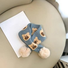 겨울 방한 목도리 귀여운 곰돌이 키즈 남아 어린이 넥워머, 작은 곰 퍼볼 블루