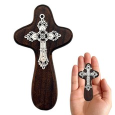 Goodangie00 나무 포켓 스트레스 피젯 십자가 레트로 메탈 꽃 십자가 10.4cm(4.1인치) 목재 핸드메이드 격려 선물 기독교 기도 손바닥 교회 종교 가정 부