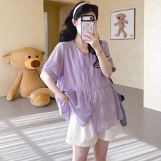 임산부 반팔 셔츠 캐주얼 루즈핏 브이넥 반팔 블라우스 셔츠 여름 임부복 반팔 상의 JS
