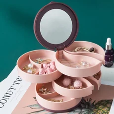 목걸이 반지 팔찌 보관함 다층 수납함 거울 회전식 4단, 03 Pink