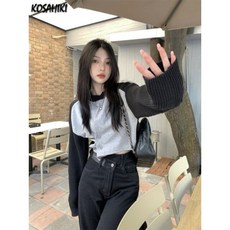 여성용 패치워크 스웻셔츠 빈티지 크롭 탑 그런지 캐주얼 O넥 베이직 올 매치 Y2k 미적인 후디 블랙 및 그레이 패션