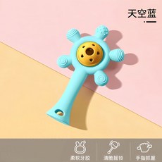 嬰兒牙膠 寶寶磨牙棒 嬰幼兒手搖鈴 嬰兒玩具 0-1歲寶寶0-3新生兒搖鈴 安撫手搖鈴 幼兒6個月小月齡沙錘 可咬牙膠, 天空藍, 1個