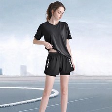 swygsqql 여름 쿨감 여자 러닝 헬스복 세트 반팔티+반바지