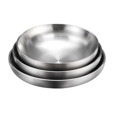 新錸家居加深盤防燙雙層304不鏽鋼盤子 中空隔熱加厚防摔兒童餐具 露營野餐沙拉牛排菜餐盤防溢備料, 不鏽鋼色, 1套, 3件組: 20+22+24cm