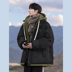 AOKADA 남녀공용 겨울 오버핏 레이어드 배색 후드 집업 패딩 점퍼 아우터