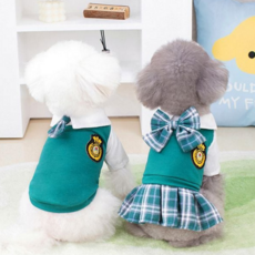 강아지 교복 생활복 단체복 소형견 강아지 티셔츠 상의 캐주얼복 원피스 드레스 커플 치마 정장 체크, 여