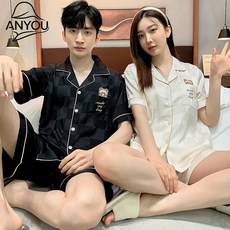 ANYOU 곰돌이 커플잠옷 실크 귀여운 루즈핏 상하세트 파자마