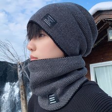 電動車加絨針織毛線帽2025新款冬季戶外套頭防風加厚男士帽子圍巾, 淺灰色【箭頭標加厚款】護頸圍脖,成人均碼款