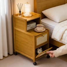 GOOD LIVE 원목 침대 옆 협탁 수납장 이동식 트롤리 서랍형, 브라운, 1개