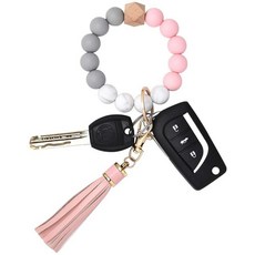 [ 1191930 ] 바오시와 실리콘 비즈 팔찌 키체인 키 링 체인 여성용 가죽 태슬 핑크 원사이즈