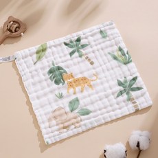 六層紗布口水巾方巾小方巾：柔軟吸水、多用途寶寶手帕、兒童洗臉巾、幼兒園必備, 1個, 24-綠森林動物【30*30】, 白色