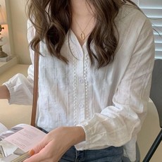 브이넥 거즈면 블라우스 셔츠 여름 긴팔 여성 프릴 화이트 반팔 상의 심플 펀칭 남방 플라워