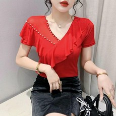 라인댄스복 상의 레이스 언밸런스 시스루 어깨트임 브이넥 메쉬 비즈 스팽글 반짝이 라틴 스포츠댄스