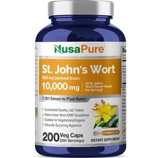 NusaPure St. John's Wort 10 000mg 식물성 캡슐 200개(채식주의자 GMO 프리) 바이오페린, NusaPure St. John's Wort 10,00, 1개