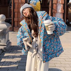 꽃무늬패딩 자켓 할머니 여성 귀여운 여자 겨울 플라워 면누빔 노카라 오버핏 점퍼 잠바 퀄팅 엄마 패턴 퀼팅 일 아우터 깔깔이