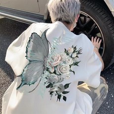 Vezri 남녀공용 여름 오버핏 패션 프린트 커플룩 스트리트 장미 빅나비 반팔티111WHY111