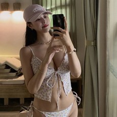 韓國小菊花吊帶綁帶三角比基尼泳衣女 性感鏤空聚攏, 小菊花比基尼,XL