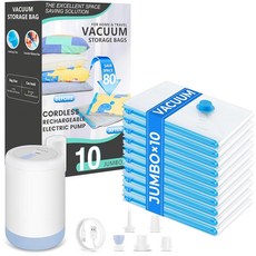 충전식 무선 펌프가 장착된 여행용 진공 봉투 의류 압축용 밀봉 20팩 담요 침구 베개 이불용 공간 절약 보관, 10 Jumbo