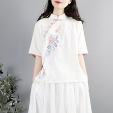 여름 여성 생활한복 블라우스 통기성 루즈핏 자수 반팔 스탠딩 칼라 셔츠 개량한복