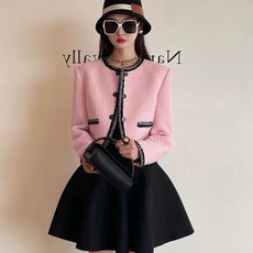 숏 핑크 재킷 여성 트위드자켓 리본 페미닌 데이트룩 노카라