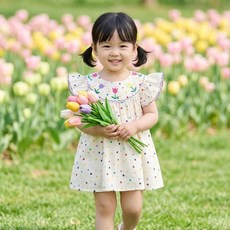 몽실이 튤립 자수 도트 원피스 프릴 나시 여름 유아