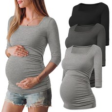 [ 1111870 ] Ficerd 3팩 임산부 상의 7부 소매 기본 스퀘어넥 티셔츠 주름 장식 블라우스 (블랙 라이트 그레이 다크 라지)