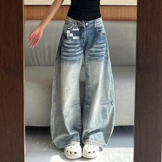 해피유통 여성용 넓은 다리 청바지 하이웨스트 빈티지 워싱 캐주얼