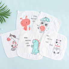 六層純棉泡泡紗口水巾【5條裝】新生兒圍嘴 餵奶巾 包邊加厚小方巾 寶寶洗臉巾 洗澡巾 餐巾 吸汗巾 手帕 可愛圍兜, 1個, 動物系列【5條裝】, 動物系列【5條裝】