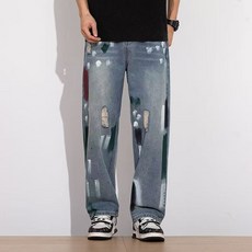 해피유통 남성 청년 봄 가을 여름 그래픽 데님 팬츠 넓은 핏 캐주얼 바지 mgy