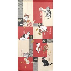 Noren Kobo 노렌코보 貼り絵七福ネコ 레드 노렌 85x170cm