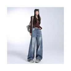 寬鬆運動直筒長褲女款：闊腿工作褲、工裝褲，低腰水洗做舊大碼休閒防風耐磨登山褲, M建議體重45-55kg, 復古藍加長