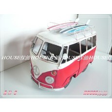 House傢飾 手工打造復古仿真鐵皮模型擺飾 福斯胖卡T2麵包車 衝浪休旅車巴士車箱型車 (紅), 1個