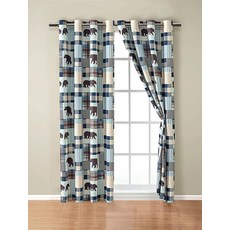 Rustic Modern Farmhouse 캐빈 롯지 창문 처리 그로밋 커튼 세트 그리즐리 베어와 버팔로 격자무늬 체크 패턴 패치워크 포함 베이지 블루 - 커튼 세트(웨스턴