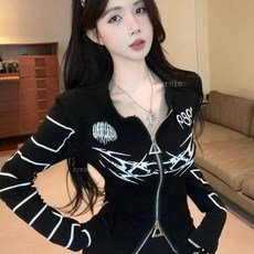 辣妹長袖 T恤女 雙拉鍊 印花開衫上衣 潮流時尚女裝 黑色 緊身