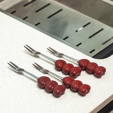 可愛陶瓷收納罐不鏽鋼甜品叉套裝, 3.0紅色愛心果叉4支（不含罐）, 1個