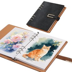 6링 바인더가 있는 전문가용 수채화 스케치북 20장 300GSM/63.5kg140파운드 100% 면 무산성 콜드 프레스 용지 23.5 x 16cm9.25 x 6.3인치 텍스, 블랙