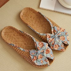 JUN팩토리 여성 남자 라탄 린넨 왕골 슬리퍼 등나무로즈리본 여름 실내 거실용 실내화, 그레이, 1개