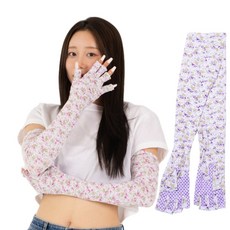 위키란쥬 여름 꽃무늬 골프 여성 자외선차단 냉감 팔토시 손가락 손등 쿨토시, 보라색 양손, 1세트