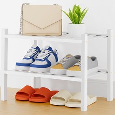 Smiry 신발장 6단 긴 대나무 신발 오거나이저 쌓을 수 있는 프리 스탠딩 목재 신발 보관 선반 옷장 입구 현관 입구용 그레이, 2-화이트, 2 Tier - Thick - Small