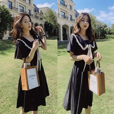 ANYOU여름원피스 데일리룩 학원풍 롱원피스 패션반팔플리츠원피스프릴 블랙 원피스 데일리 통근에도 입기 좋은